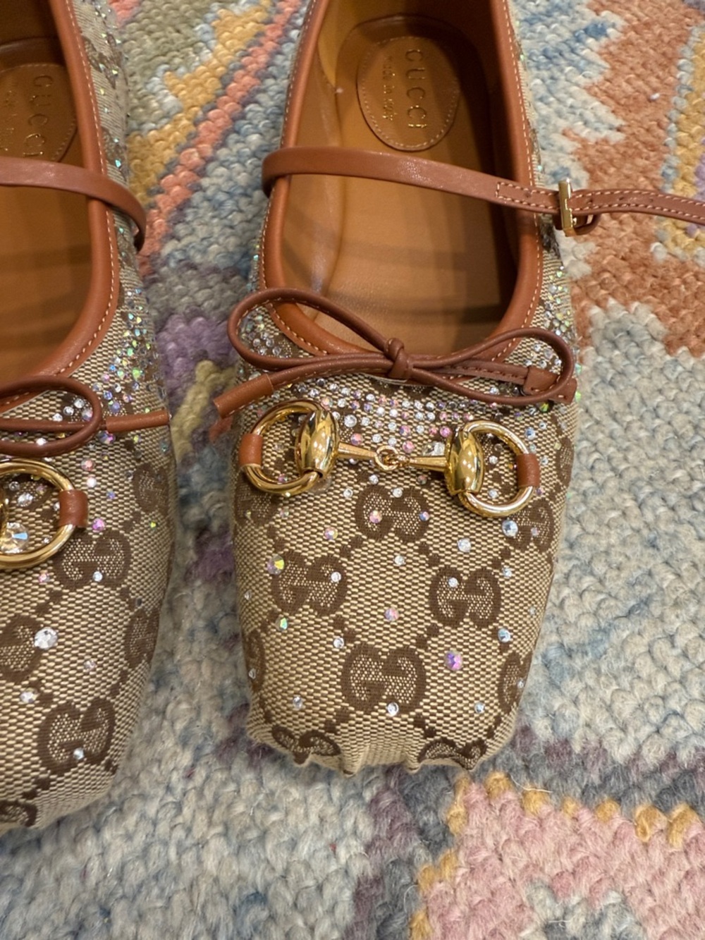 Brown GG Canvas Crystal Horsebit Mary Jane Flats with Leather Trim